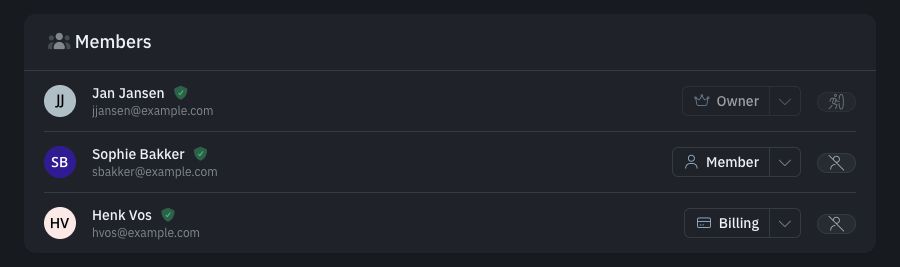 Members panel for an example team showing Owner, Member, and Billing roles