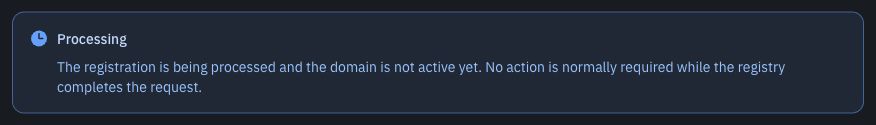 A processing notice for route-showcase.example in Domain Chief dark mode
