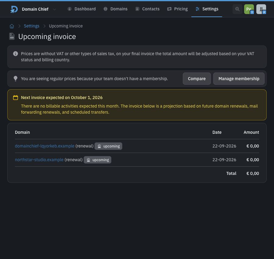 Upcoming invoice projection in dark mode with two estimated domain renewals