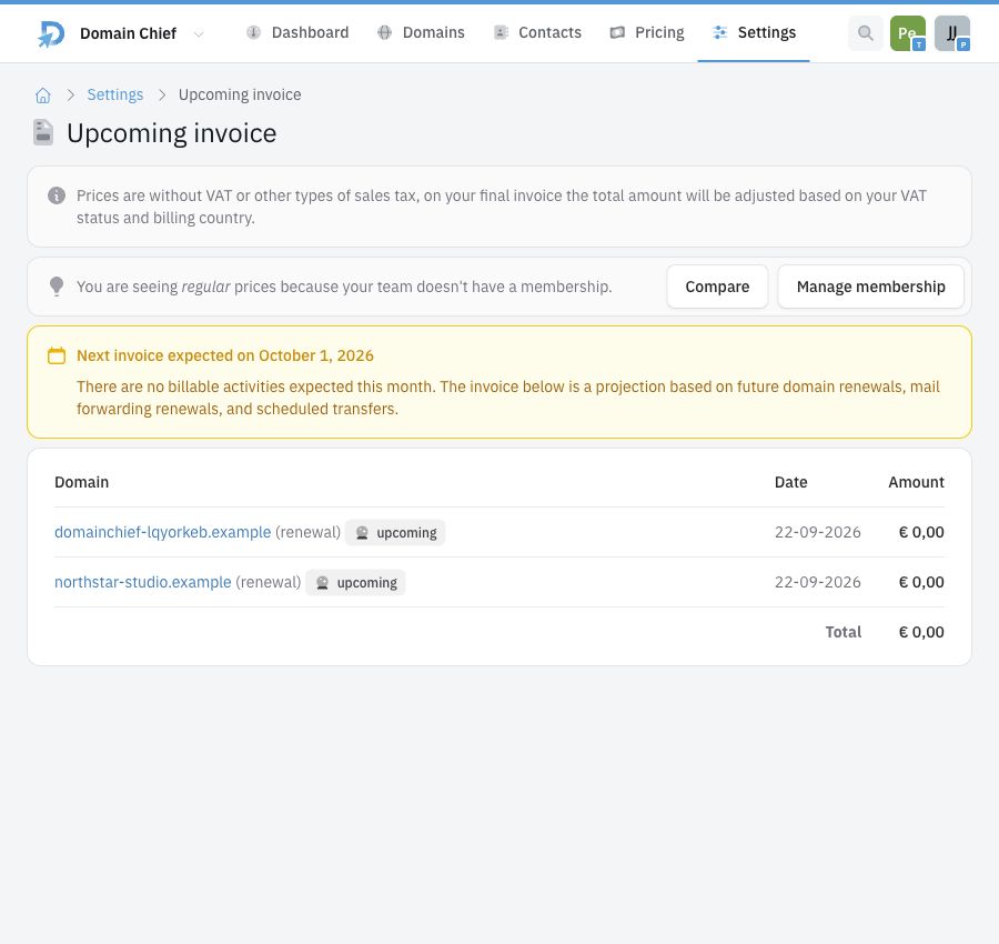 Upcoming invoice projection in light mode with two estimated domain renewals