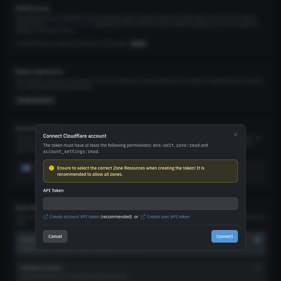 Cloudflare connection dialog in dark mode showing the required token permissions and an empty API token field