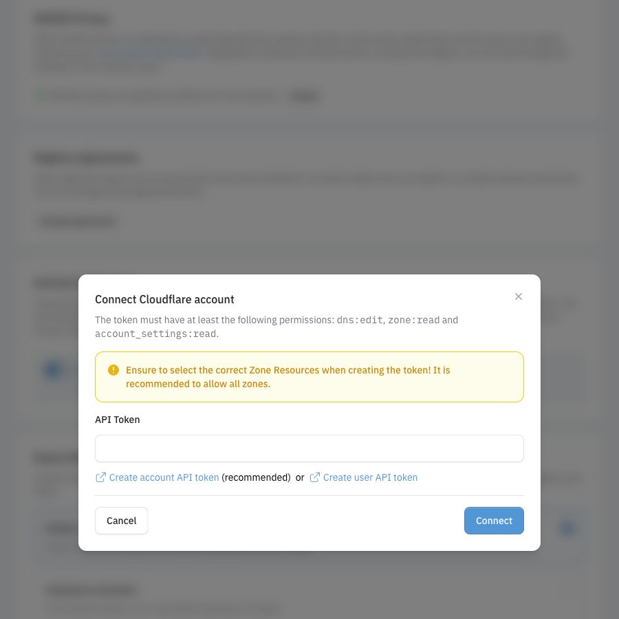 Cloudflare connection dialog in light mode showing the required token permissions and an empty API token field