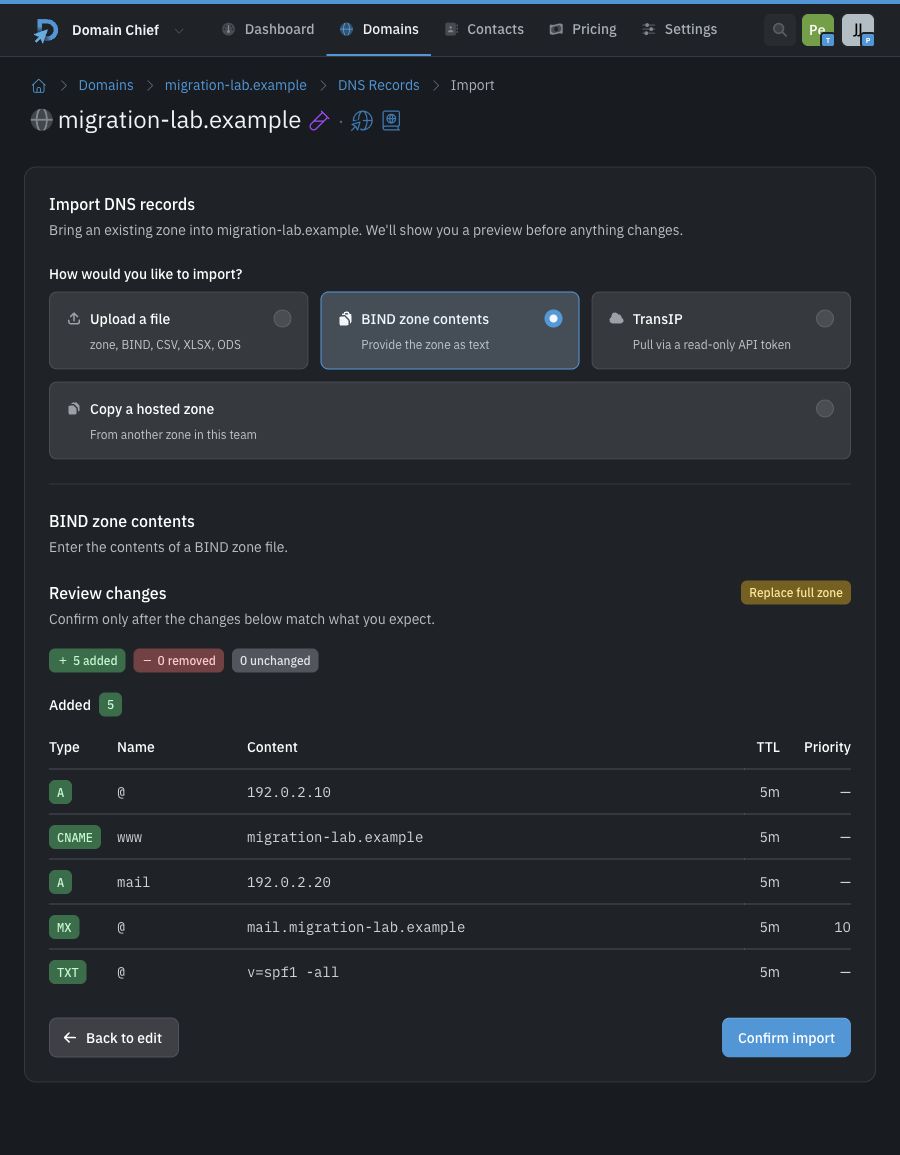 DNS import preview in dark mode showing five records to add and none to remove