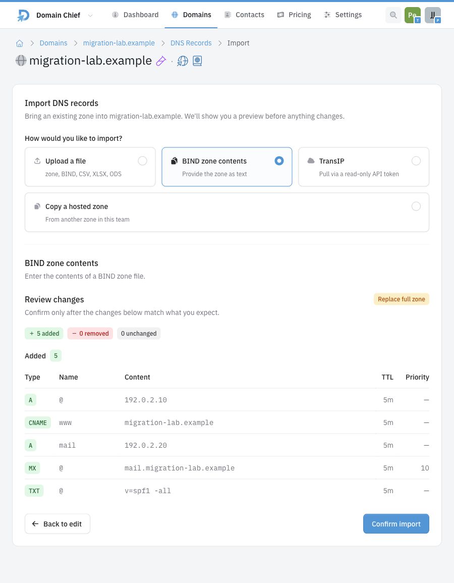 DNS import preview in light mode showing five records to add and none to remove