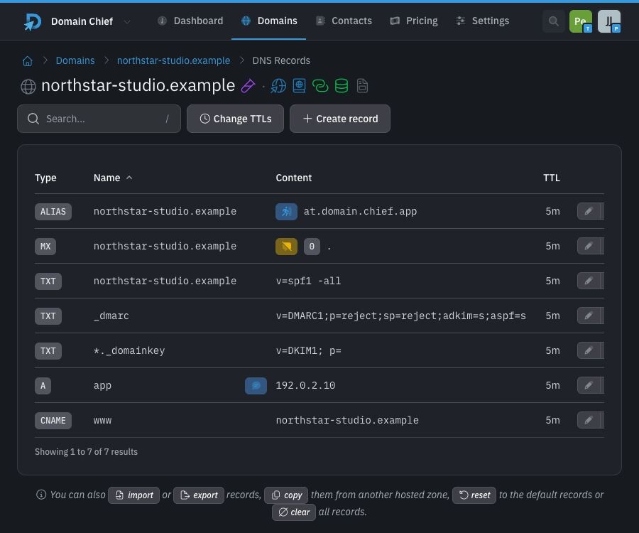 DNS records for northstar-studio.example in dark mode, showing record types, names, content, TTLs, and edit controls