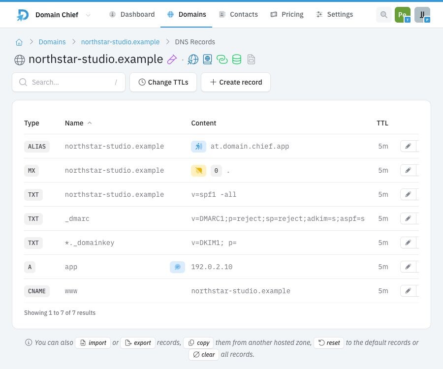 DNS records for northstar-studio.example in light mode, showing record types, names, content, TTLs, and edit controls