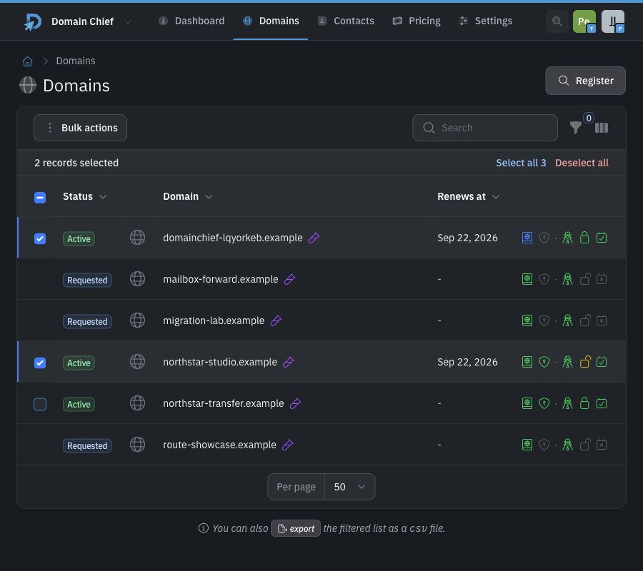 Domain portfolio in dark mode with two active domains selected for a bulk action