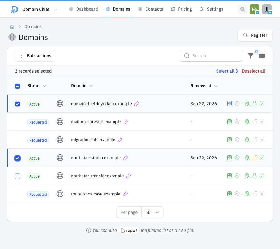 Domain portfolio in light mode with two active domains selected for a bulk action