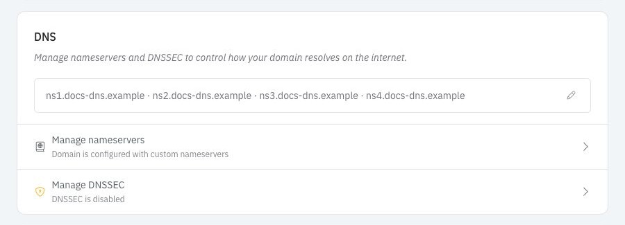 DNS settings for domainchief-lqyorkeb.example in light mode, showing four custom nameservers and disabled DNSSEC
