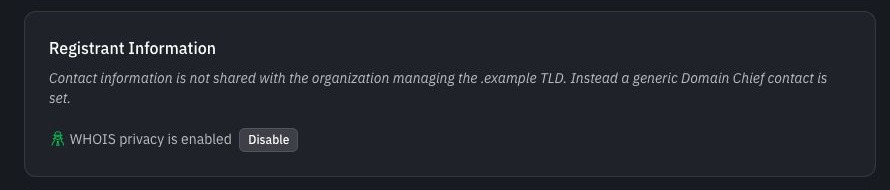 Registrant Information card in dark mode, showing WHOIS privacy enabled for a test domain