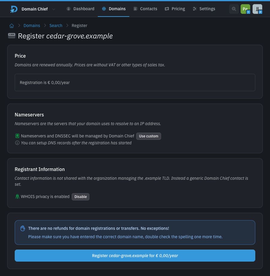 Domain Chief registration form in dark mode for cedar-grove.example, showing price, nameserver, privacy, and final confirmation sections