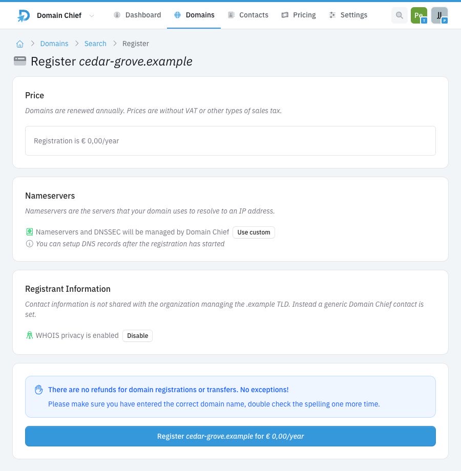 Domain Chief registration form in light mode for cedar-grove.example, showing price, nameserver, privacy, and final confirmation sections