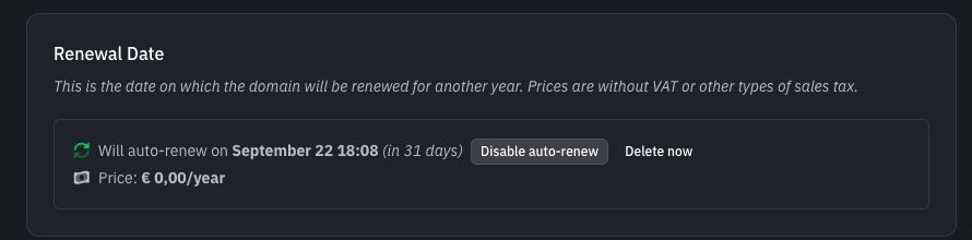 Renewal card for a test domain in dark mode, showing its auto-renewal date, renewal control, delete action, and yearly price