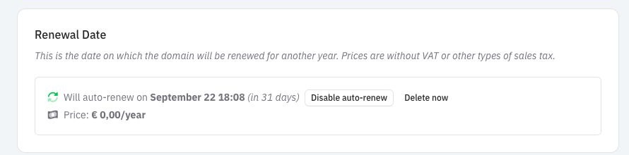 Renewal card for a test domain in light mode, showing its auto-renewal date, renewal control, delete action, and yearly price