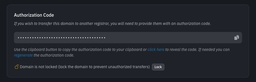Authorization Code section for northstar-studio.example in dark mode, with the transfer code masked and the domain unlocked