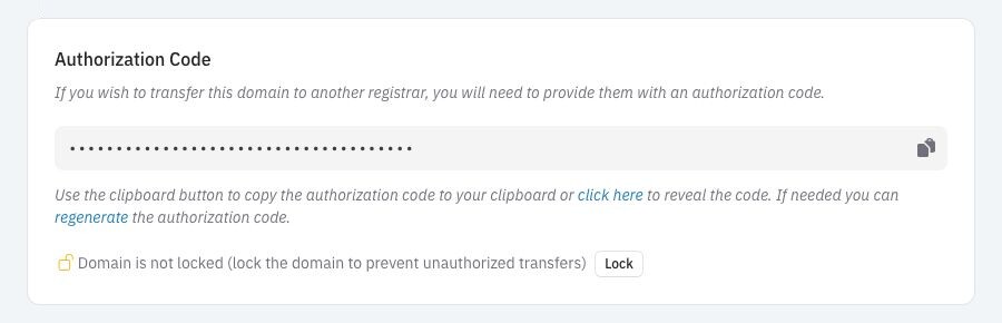 Authorization Code section for northstar-studio.example in light mode, with the transfer code masked and the domain unlocked