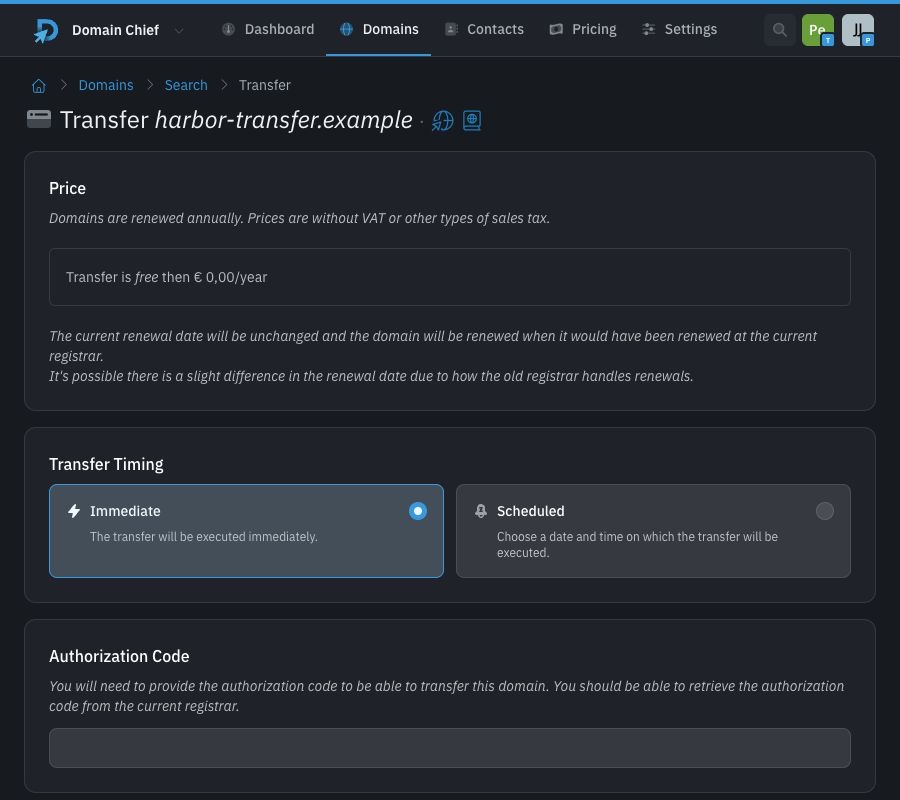 Domain Chief incoming transfer form in dark mode, showing the price, transfer timing, and authorization code field for harbor-transfer.example