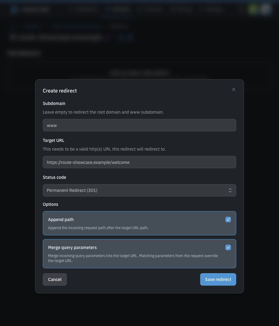 Create redirect dialog in dark mode with a permanent redirect and path and query options enabled