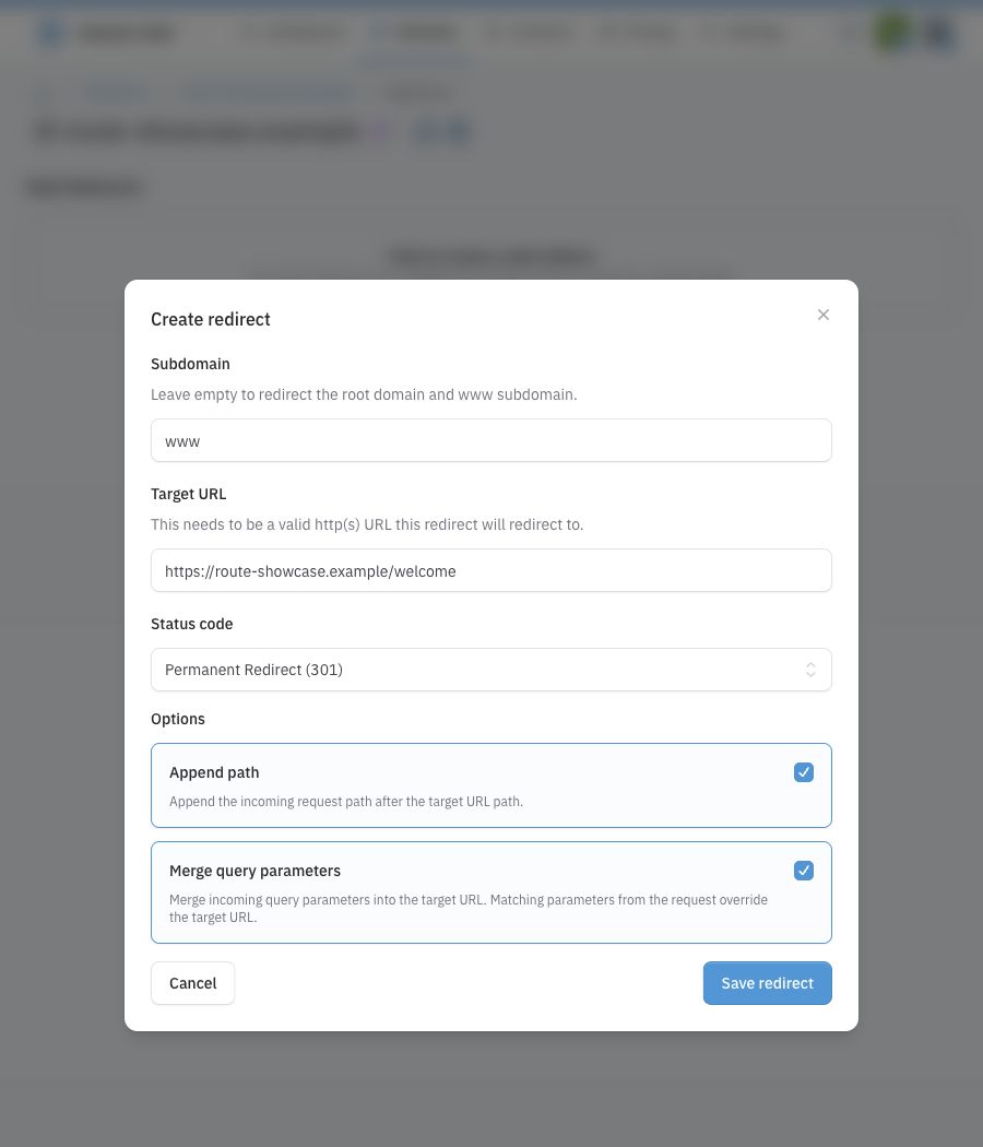 Create redirect dialog in light mode with a permanent redirect and path and query options enabled